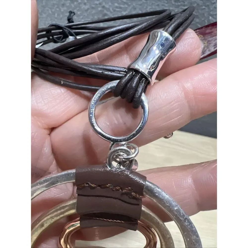 Robert Lee Morris Soho Multi-Tone Circle Pendant Necklace On Brown Leather Cord - Picture 5 of 8